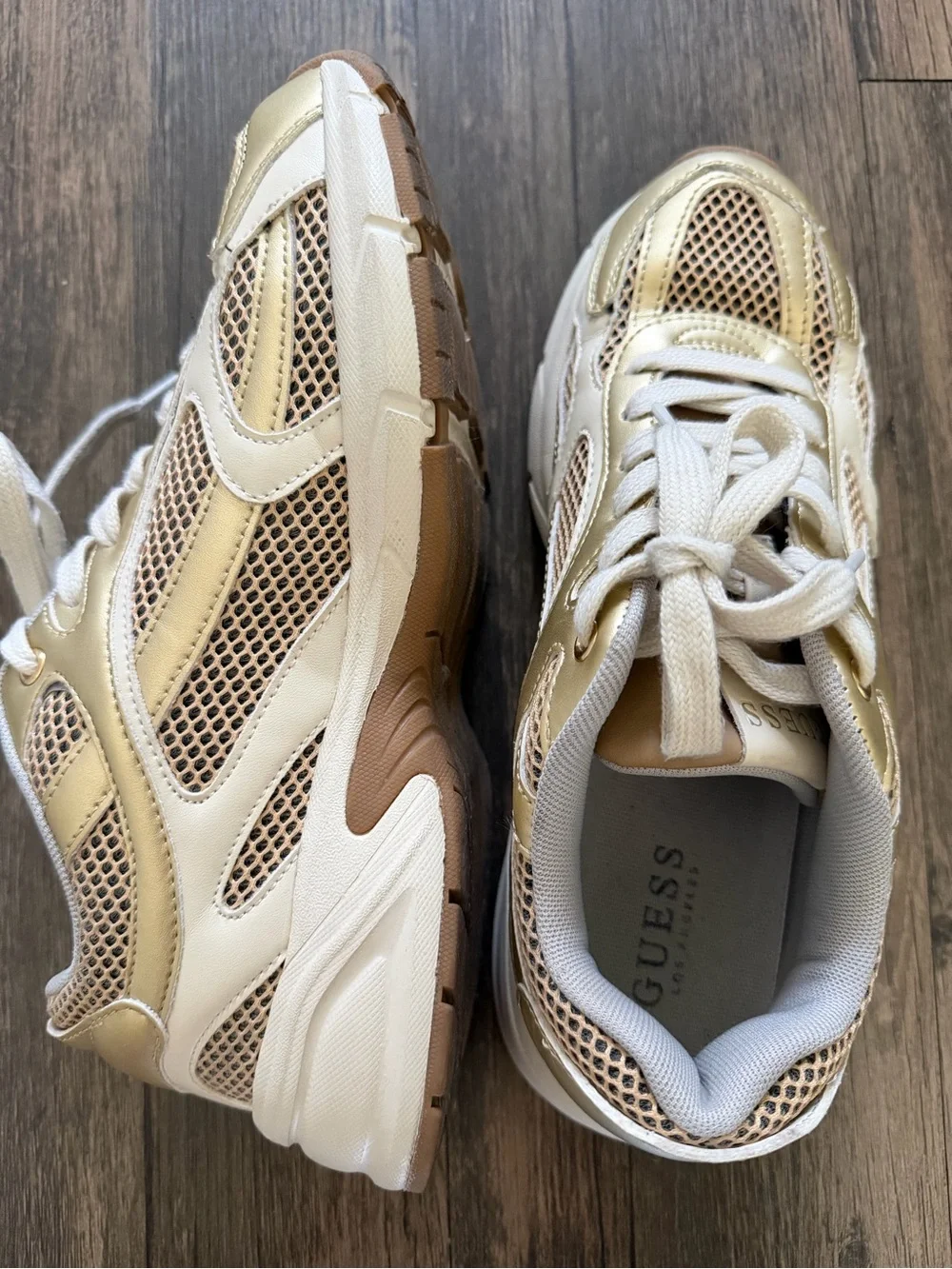 Guess Metallic Gold White Mesh Running Sneakers Tennis Shoes Athleisure Y2K 8